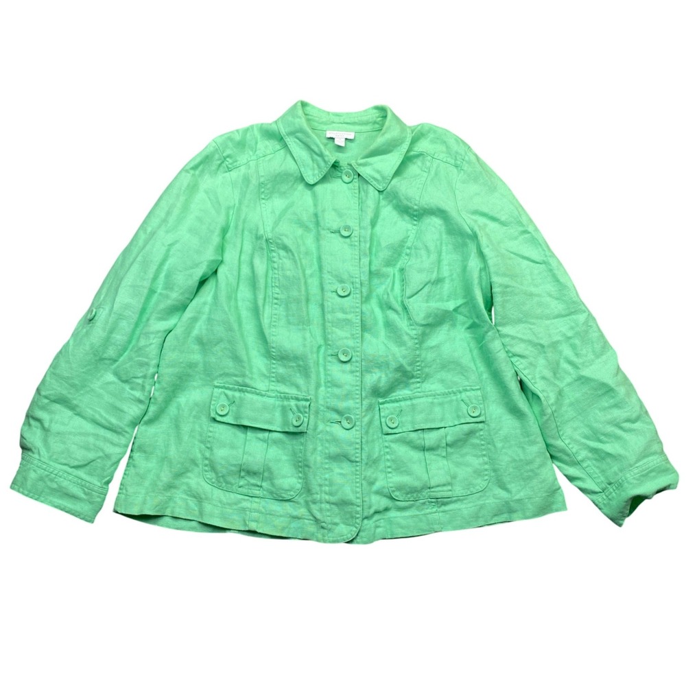 Charter Club Woman Green Linen Button Up Utility Jacket Roll-Up Sleeve Size 1X